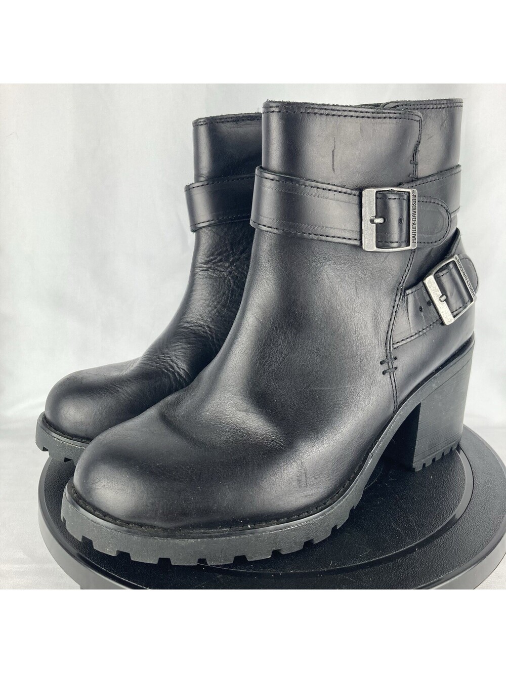 Womens 7.5 Harley Davidson Black Leather Motorcycle Boots Chunky Block Heel